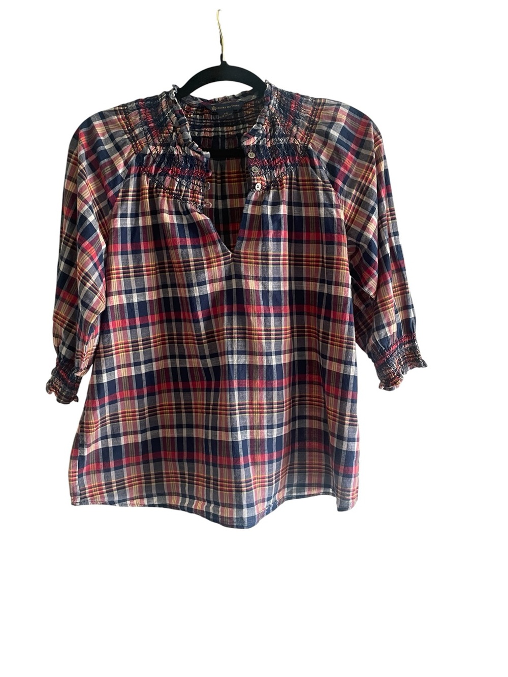 Brooks Brothers Madras Smocked Popover Top XS Plaid Boho Coastal Blouse